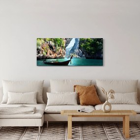 Obraz dlhej lode na pláži (120x50 cm)