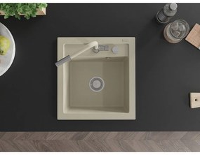 Mexen Vito, 1-komorový granitový drez 490x520x210 mm a drezová batéria Flora, béžová, 6503-69-670401-09