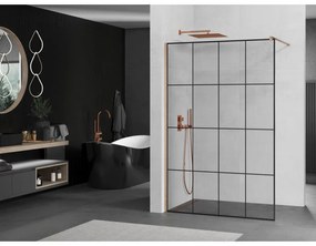 Mexen Kioto, sprchová zástena Walk-In 140 x 200 cm, 8mm číre sklo čierny vzor, medený matný profil, 800-140-101-65-77