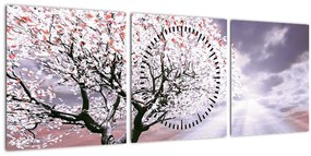 Červený obraz stromu (s hodinami) (90x30 cm)