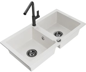 Mexen Mario, 2-komorový granitový drez 820x436x161 mm a drezová batéria Flora, biela, 6504-20-670401-70-B