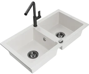 Mexen Mario, 2-komorový granitový drez 820x436x161 mm a drezová batéria Flora, biela, 6504-20-670401-70-B