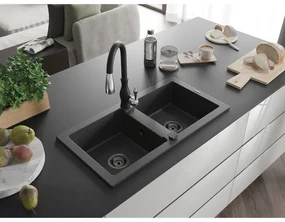 Mexen Mario, 2-komorový granitový drez 820x436x161 mm a drezová batéria Savita, čierna škvrtnitá, 6504-76-672601-70-B