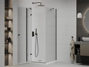 Mexen Roma, sprchovací kút s 1-krídlovými dverami 80 (dvere) x 80 (stena) cm, 6mm číre sklo, čierny profil, slim sprchová vanička 5cm biela s čiernym sifónom, 854-080-080-70-00-4010B