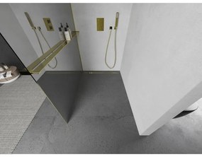 Mexen Kioto+, sprchová zástena s poličkou a držiakom na uteráky 110 x 200 cm, 8mm sklo vzor zrkadlo, zlatý profil, 800-110-121-50-50