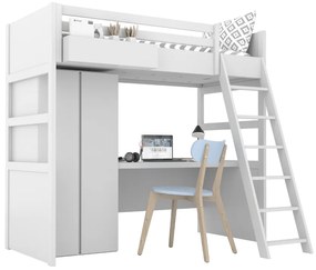 Biela vyvýšená posteľ SIMONE s rebríkom, skriňou, písacím stolom a policou 90x200 cm
