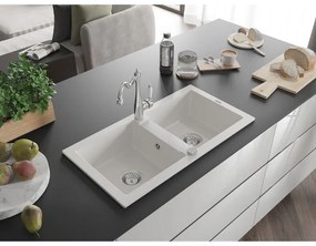 Mexen Mario, granitový drez 820x436x161 mm, 2-komorový a drezová batéria Carla, biela, 6504-20-670700-00