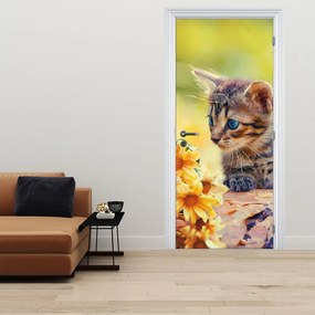 Fototapeta na dvere - Mačiatko dívajúce sa na kvetinu (95x205cm)