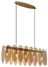Závesná lampa Art Deco zlatá s jantárovým sklom oválna 5-svetiel - Mochan