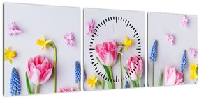 Obraz jarných kvetov (s hodinami) (90x30 cm)