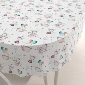 Biante Detský bavlnený oválny obrus Sandra SA-372 Myšky a konvičky na bielom 140x220 cm
