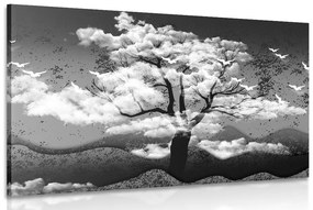 Obraz čiernobiely strom zaliaty oblakmi - 120x80