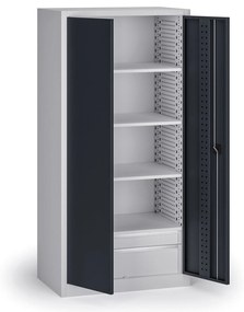 Policová dielenská skriňa na náradie KOVOS, perforovaný panel, 4 police, 2 zásuvky, 950 x 600 x 1950 mm, grafit