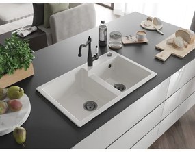 Mexen Tomas, granitový drez 800x500x190 mm, 2-komorový a drezová batéria Carla, biela, 6516-20-670700-70