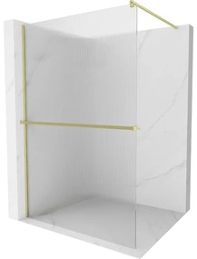 Mexen Kioto+, sprchová zástena Walk-In s poličkou a vešiakom 70 x 200 cm, 8mm sklo s rebrovým vzorom, zlatý matný profil, 800-070-121-55-09