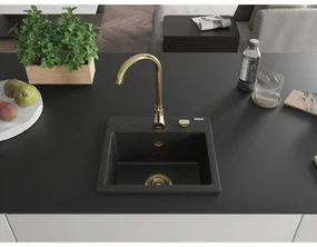Mexen Milo, 1-komorový granitový drez 435x410x171 mm a zlatá batéria Telma, čierna-strieborná metalíza, 6505-73-670200-50