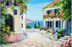 Obraz - Grécka ulička, olejomaľba (90x60 cm)