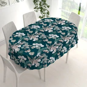 Biante Teflónový oválny obrus TF-058 Kvety s eukalyptom na tmavo zelenom 80x120 cm