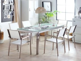 Sada záhradného nábytku stôl s bielou sklenenou doskou 180 x 90 cm 6 bielych stoličiek GROSSETO Beliani