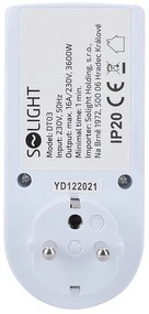 SOLIGHT Digitálny týždenný časový spínač 230V/16A, 1 zásuvka, biely