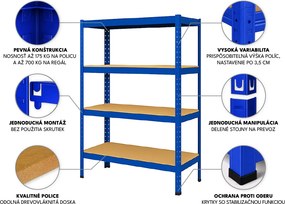 Akcia 5x Regál 150x70x30 cm lakovaný 4-policový, nosnosť 700 kg - modrý