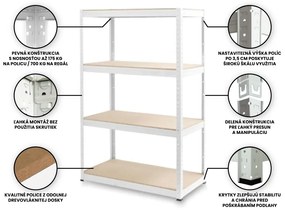 Fistar MEGA HIT: Regál 1500x700x300 mm lakovaný 4-policový, nosnosť 700 kg - BIELY