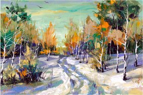 Obraz - Zasnežená cesta lesom, olejomaľba (90x60 cm)
