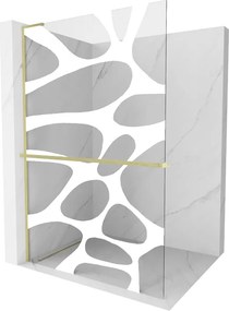 Mexen Kioto+ L, sprchová zástena Walk-In s poličkou a vešiakom 100 x 200 cm, 8mm číre sklo biely vzor, zlatý matný profil, 800-100-123-55-97