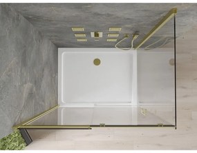 Mexen Omega, sprchovací kút s posuvnými dverami 130 (dvere) x 80 (stena) cm, 8mm číre sklo, zlatý profil + slim sprchová vanička 5cm, 825-130-080-50-00-4010