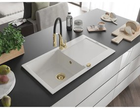 Mexen Leo, granitový drez 900x500x190 mm, 1-komorový a drezová batéria Aster, biela, 6501-20-73450-57-G