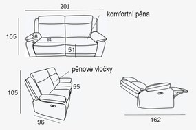 Kožená pohovka CONTINENTAL s elektrickou funkciou relax 3P, elektrické, cappuccino (cappuccino 313)