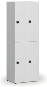 Drevená šatníková skrinka S4 s úložnými boxmi, 4 boxy, demont, kódový zámok, sivá/biela