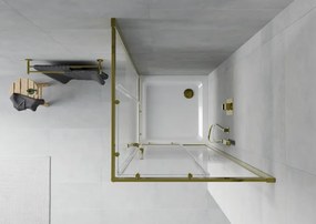 Mexen Rio, štvorcový sprchovací kút s posuvnými dverami 70(dvere) x 70(dvere) x 190 cm, 6mm číre sklo s pásikmi, zlatý profil + biela sprchová vanička SLIM, 860-070-070-50-20-4010G