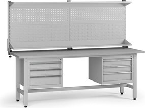 Výškovo nastaviteľný dielenský stôl G5 s nadstavbou, 2100 x 750 x 800-1000 mm, 2x kontajner, 6 zásuviek, sivá