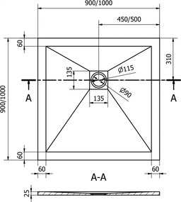 Mexen Stone+, štvorcová vanička z minerálneho kompozitu 100 x 100 cm, biela, zlatá lesklá krytka, 44101010-G