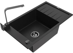 Mexen Elias, granitový drez granitový 795x480x200 mm, 1-komorový, čierna s čiernym sifónom a čierna drezová batéria Rita, 6511-77-670300-70-B