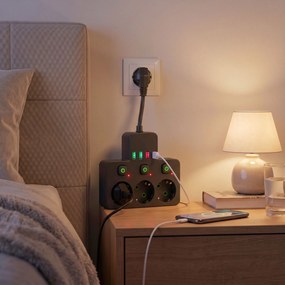 Toolight Toolight, JNH018, zásuvkový rozbočovač 3 zásuvky + 3× USB-A + USB-C s LED svetlom, čierna, OSW-56307