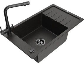 Mexen Elias, 1-komorový granitový drez s odkvapkávačom 795x480x200 mm a čierna batéria Duero, čierna - zlatá metalíza, 6511-75-671600-70-B