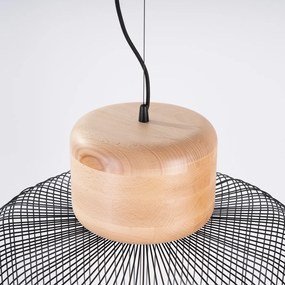 Závesné svietidlo Gabbia, 1x čierne drôtené tienidlo, drevo, (fi 55cm)