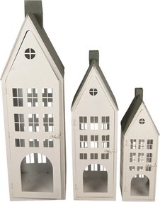 Sada 3 ks veľkých kovových svietnikov Domček - 38*38*142 / 26*26*105 / 18*18*63 cm