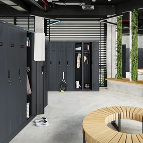 Kovová šatňová štvormodulová skriňa na sokli s policou KACPER II, 600 x 1800 x 500 mm, antracitová