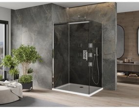 Mexen Omega, sprchový kút s posuvnými dverami 130 (dvere) x 90 (stena) cm, 8mm šedé sklo, chrómový profil + slim sprchová vanička biela + chrómový sifón, 825-130-090-01-40-4010