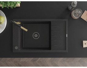 Mexen Elias, 1-komorový granitový drez 795x480x200 mm a drezová batéria Flora, čierna-strieborná metalíza, 6511-73-670401-57-B