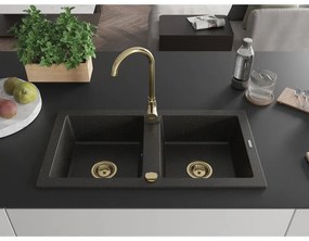 Mexen Mario, 2-komorový granitový drez 82x44 cm s kuchynskou batériou Telma, čierna-zlatá, 6504-75-670200-50
