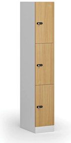 Šatníková skrinka s úložnými boxmi, 3 boxy, 1850 x 300 x 500 mm, demont, mechanický kódový zámok, laminované dvere, buk