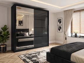 Šatníková skriňa 200 cm Belini čierny maý / šedý lesk s posuvnými dverami zrkadlom a zásuvkami  MGB SZP5/1/B/1L5S/KLP