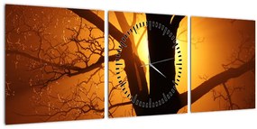 Obraz stromu pri západe slnka (s hodinami) (90x30 cm)