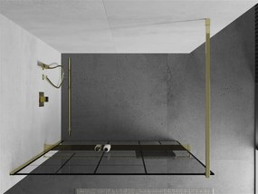 Mexen Kioto+, sprchová zástena s poličkou a držiakom na uteráky 140 x 200 cm, 8mm číre sklo vzor čierny, zlatý profil, 800-140-121-50-78