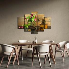 Obraz - tulipány, mlynček a káva (150x105 cm)
