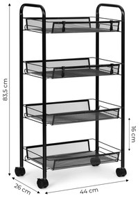 ModernHome Policový kovový organizér na kolieskach, 4 police, čierna ModernHome